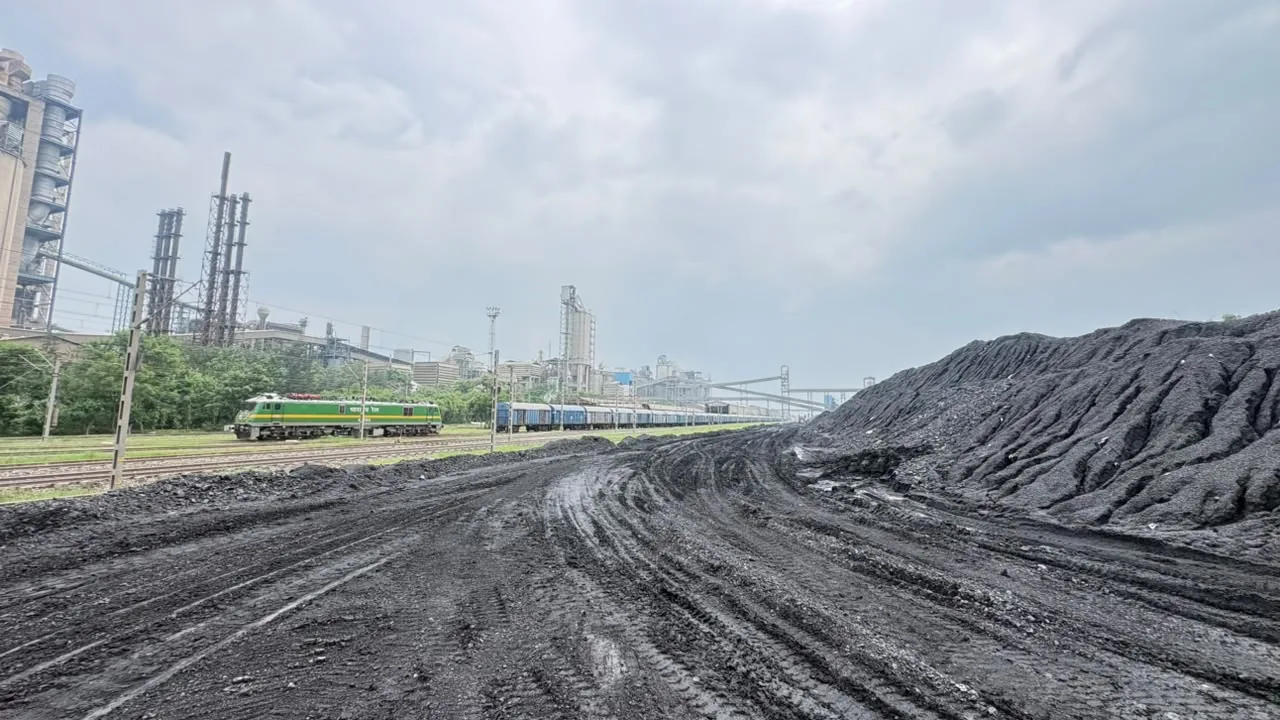 Industrial material yard with stockpiles